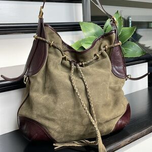 Genuine leather suede draw string bucket shoulder handbag purse oversized olive